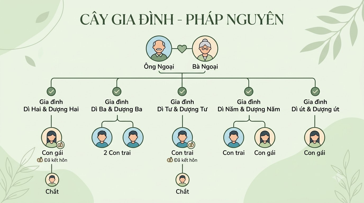 Sơ đồ cây gia phả ba đời do ChatGPT dựng: ông bà ngoại ở trên cùng, năm nhánh gia đình các dì và dượng ở hàng giữa, các con cháu và chắt nối xuống dưới